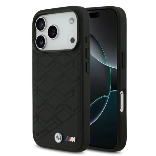BMW BMW iPhone 17 Pro/iPhone 18 Pro Coque arrière MagSafe Cuir à motif inspiré d'un siège logos métalliques - Noir