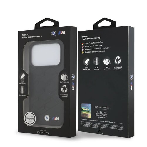 BMW BMW iPhone 17 Pro/iPhone 18 Pro Coque arrière MagSafe Cuir à motif inspiré d'un siège logos métalliques - Noir