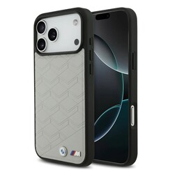 BMW iPhone 17 Pro Max/iPhone 18 Pro Max Backcoverhoesje - MagSafe - Leren hoesje met stoelvormig ontwerp en metalen logo's - Grijs
