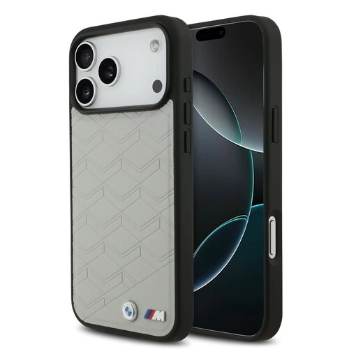 BMW BMW iPhone 17 Pro Max/iPhone 18 Pro Max Coque arrière MagSafe Cuir à motif inspiré d'un siège logos métalliques - Gris