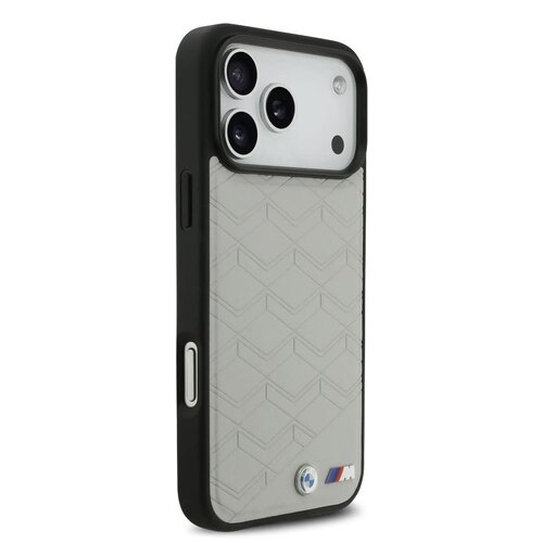 BMW BMW iPhone 17 Pro Max/iPhone 18 Pro Max Coque arrière MagSafe Cuir à motif inspiré d'un siège logos métalliques - Gris