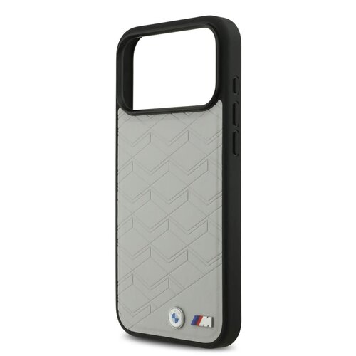 BMW BMW iPhone 17 Pro Max/iPhone 18 Pro Max Coque arrière MagSafe Cuir à motif inspiré d'un siège logos métalliques - Gris