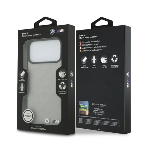 BMW BMW iPhone 17 Pro Max/iPhone 18 Pro Max Coque arrière MagSafe Cuir à motif inspiré d'un siège logos métalliques - Gris