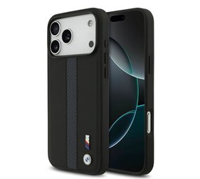 BMW BMW iPhone 17 Pro Max Back-Cover hul - PU Leather Case With Perforated Blue Stripes & Metal Logos - Schwarz BMW BMW iPhone 17 Pro Max Back-Cover hul - PU Leather Case With Perforated Blue Stripes & Metal Logos - Schwarz