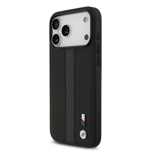 BMW BMW iPhone 17 Pro Max/iPhone 18 Pro Max Coque arrière Similicuir PU bandes bleues perforées logos métalliques - Noir