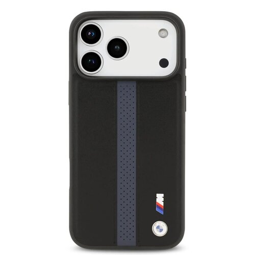 BMW BMW iPhone 17 Pro Max/iPhone 18 Pro Max Coque arrière Similicuir PU bandes bleues perforées logos métalliques - Noir