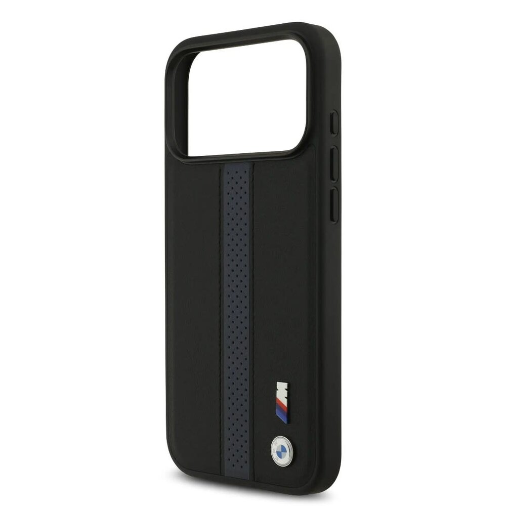 BMW BMW iPhone 17 Pro Max Backcover hoesje - PU Leather Case With Perforated Blue Stripes & Metal Logos - Zwart
