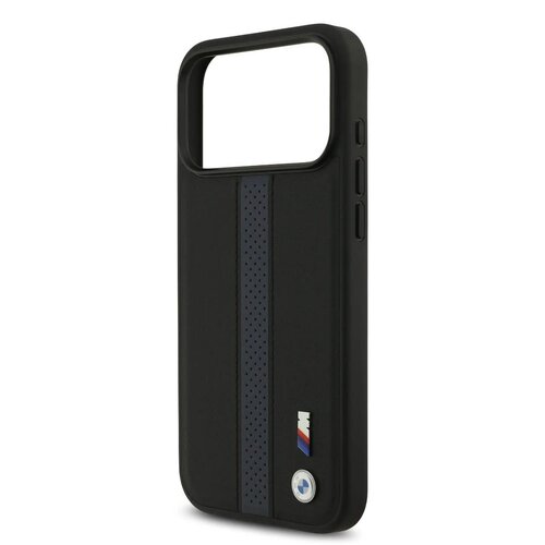 BMW BMW iPhone 17 Pro Max/iPhone 18 Pro Max Coque arrière Similicuir PU bandes bleues perforées logos métalliques - Noir