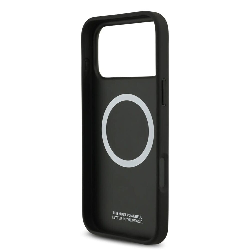 BMW BMW iPhone 17 Pro Max Backcover hoesje - PU Leather Case With Perforated Blue Stripes & Metal Logos - Zwart