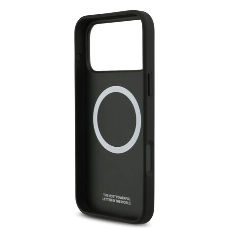 BMW BMW iPhone 17 Pro Max Backcover hoesje - PU Leather Case With Perforated Blue Stripes & Metal Logos - Zwart