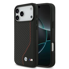BMW iPhone 17 Pro Max/iPhone 18 Pro Max Backcoverhoesje - Hoesje van PU-leer en carbon met rood stiksel - Zwart