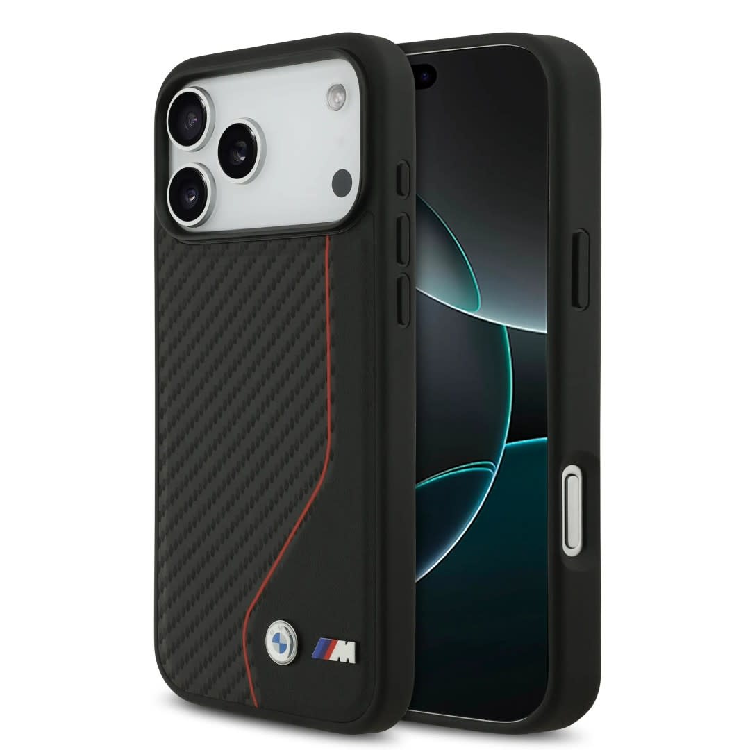 BMW BMW iPhone 17 Pro Max Backcover hoesje - PU Leather & Carbon Case With Red Line Stitch - Zwart