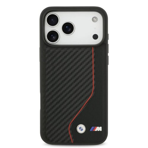 BMW BMW iPhone 17 Pro Max/iPhone 18 Pro Max Coque arrière Similicuir PU et carbone surpiqûre rouge - Noir