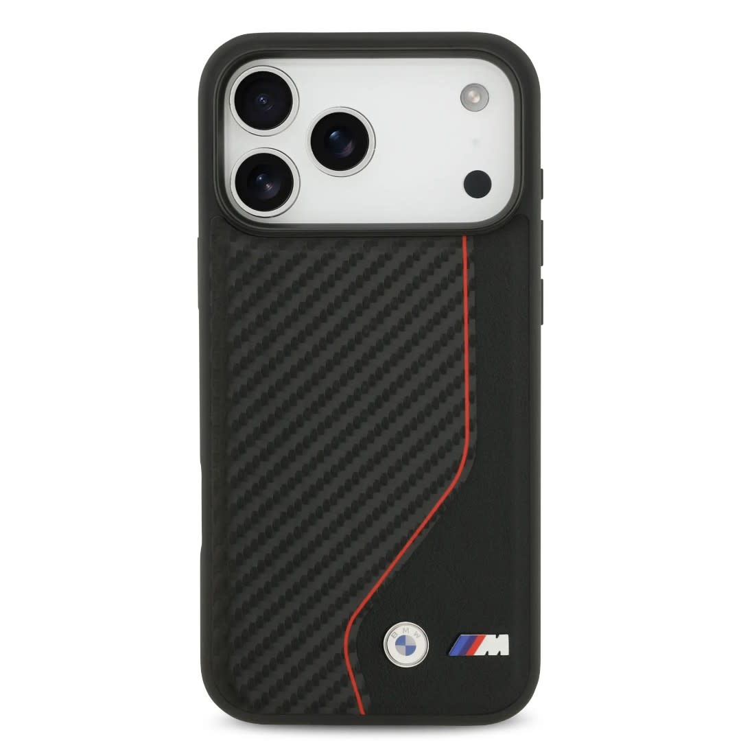 BMW BMW iPhone 17 Pro Max Backcover hoesje - PU Leather & Carbon Case With Red Line Stitch - Zwart, foto 3 van 6