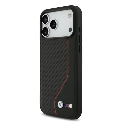 BMW BMW iPhone 17 Pro Max/iPhone 18 Pro Max Coque arrière Similicuir PU et carbone surpiqûre rouge - Noir