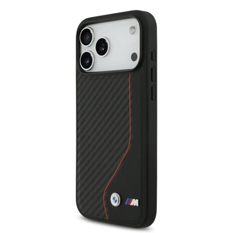 BMW BMW iPhone 17 Pro Max Backcover hoesje - PU Leather & Carbon Case With Red Line Stitch - Zwart BMW BMW iPhone 17 Pro Max Backcover hoesje - PU Leather & Carbon Case With Red Line Stitch - Zwart
