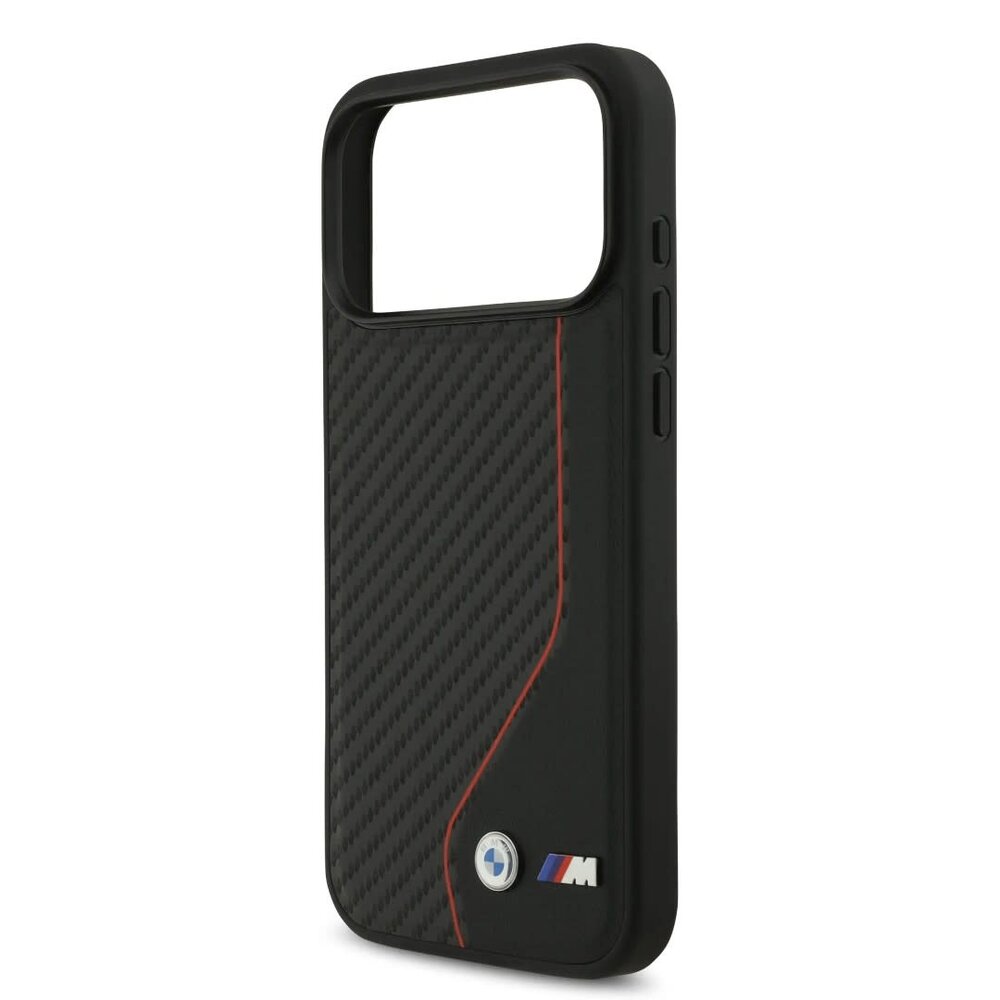 BMW BMW iPhone 17 Pro Max Backcover hoesje - PU Leather & Carbon Case With Red Line Stitch - Zwart BMW BMW iPhone 17 Pro Max Backcover hoesje - PU Leather & Carbon Case With Red Line Stitch - Zwart