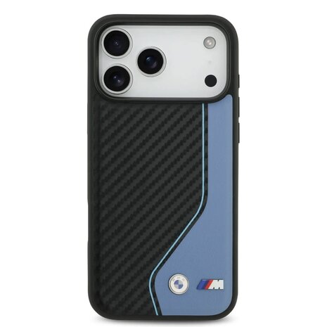 BMW BMW iPhone 17 Pro Max Backcover hoesje - PU Leather & Carbon Case With Blue Line Stitch - Zwart BMW BMW iPhone 17 Pro Max Backcover hoesje - PU Leather & Carbon Case With Blue Line Stitch - Zwart