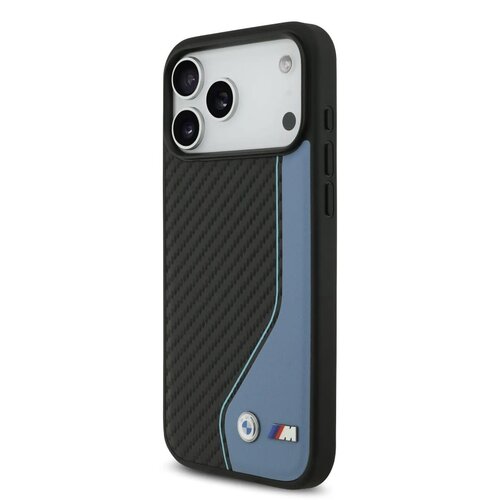 BMW BMW iPhone 17 Pro Max/iPhone 18 Pro Max Coque arrière Similicuir PU et carbone surpiqûre bleue - Noir