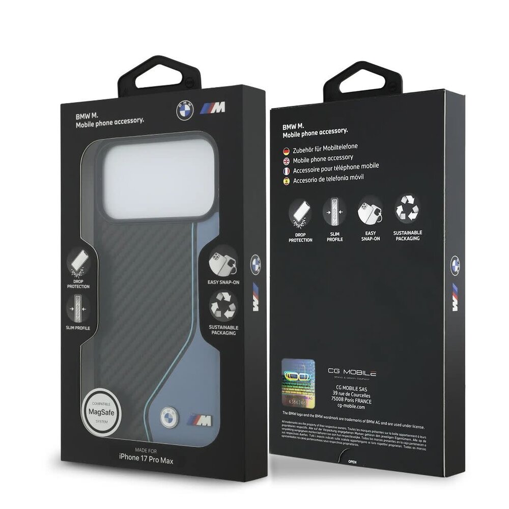 BMW BMW iPhone 17 Pro Max Backcover hoesje - PU Leather & Carbon Case With Blue Line Stitch - Zwart BMW BMW iPhone 17 Pro Max Backcover hoesje - PU Leather & Carbon Case With Blue Line Stitch - Zwart