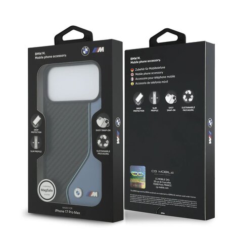BMW BMW iPhone 17 Pro Max Backcover hoesje - PU Leather & Carbon Case With Blue Line Stitch - Zwart BMW BMW iPhone 17 Pro Max Backcover hoesje - PU Leather & Carbon Case With Blue Line Stitch - Zwart