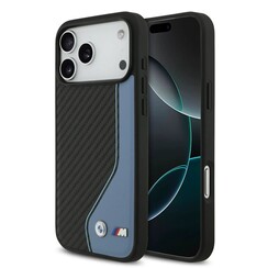 BMW iPhone 17 Pro Max/iPhone 18 Pro Max Backcoverhoesje - Hoesje van PU-leer en carbon met blauw stiksel - Zwart