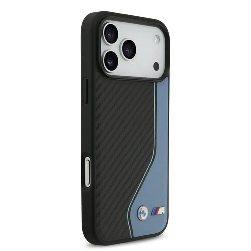 BMW BMW iPhone 17 Pro Max/iPhone 18 Pro Max Coque arrière Similicuir PU et carbone surpiqûre bleue - Noir