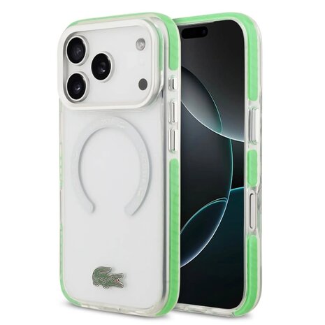Lacoste Lacoste iPhone 17 Pro Back cover coque - MagSafe - Frosted Finish - Green Edge - Transparent Lacoste Lacoste iPhone 17 Pro Back cover coque - MagSafe - Frosted Finish - Green Edge - Transparent