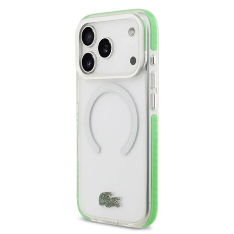 Lacoste Lacoste iPhone 17 Pro Max Backcover hoesje - MagSafe - Frosted Finish - Green Edge - Transparant Lacoste Lacoste iPhone 17 Pro Max Backcover hoesje - MagSafe - Frosted Finish - Green Edge - Transparant