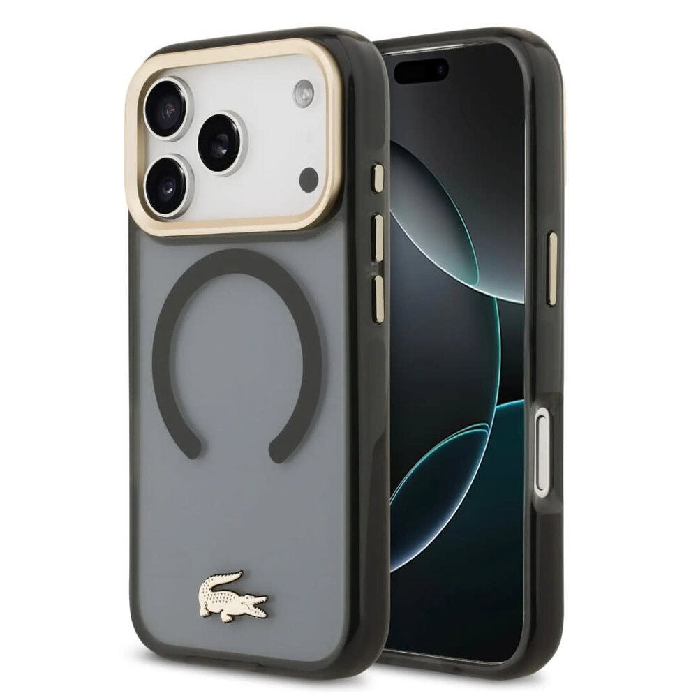 Lacoste Lacoste iPhone 17 Pro Max Backcover hoesje - MagSafe - Transparent Case With Frosted Finish - Gold Edge - Zwart Lacoste Lacoste iPhone 17 Pro Max Backcover hoesje - MagSafe - Transparent Case With Frosted Finish - Gold Edge - Zwart