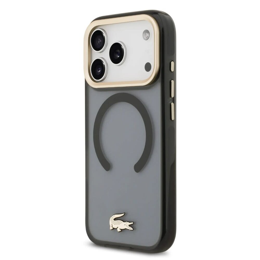 Lacoste Lacoste iPhone 17 Pro Max Backcover hoesje - MagSafe - Transparent Case With Frosted Finish - Gold Edge - Zwart Lacoste Lacoste iPhone 17 Pro Max Backcover hoesje - MagSafe - Transparent Case With Frosted Finish - Gold Edge - Zwart