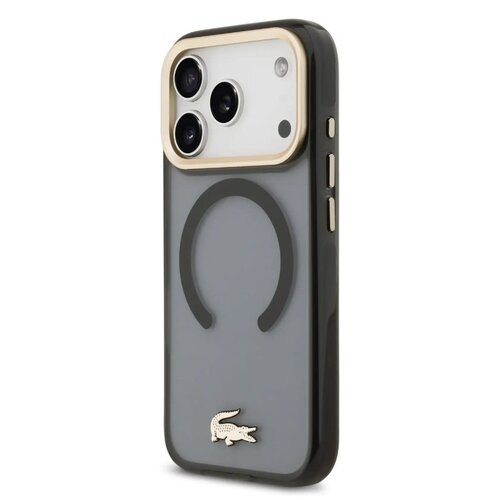 Lacoste Lacoste iPhone 17 Pro Max/iPhone 18 Pro Max Coque arrière MagSafe Finition transparente et dépolie Bord doré - Noir