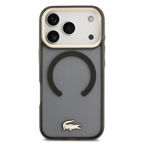 Lacoste Lacoste iPhone 17 Pro Max/iPhone 18 Pro Max Coque arrière MagSafe Finition transparente et dépolie Bord doré - Noir