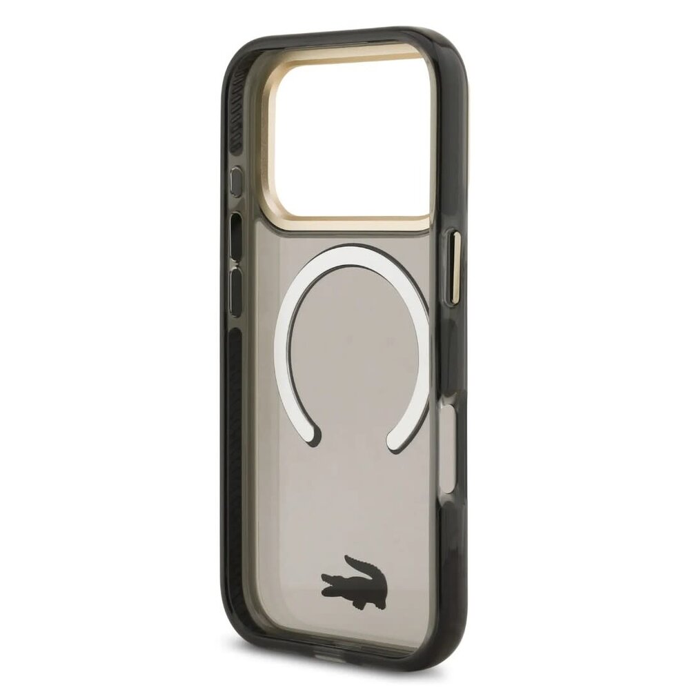 Lacoste Lacoste iPhone 17 Pro Max Backcover hoesje - MagSafe - Transparent Case With Frosted Finish - Gold Edge - Zwart Lacoste Lacoste iPhone 17 Pro Max Backcover hoesje - MagSafe - Transparent Case With Frosted Finish - Gold Edge - Zwart