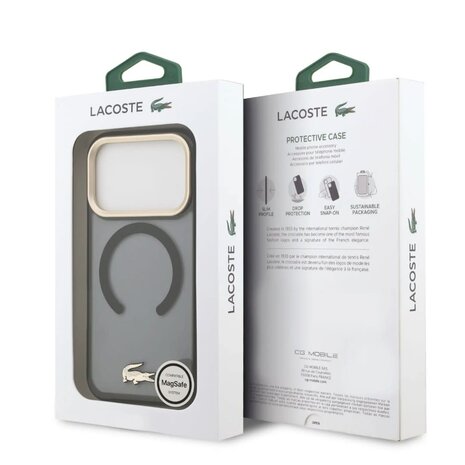 Lacoste Lacoste iPhone 17 Pro Max Backcover hoesje - MagSafe - Transparent Case With Frosted Finish - Gold Edge - Zwart Lacoste Lacoste iPhone 17 Pro Max Backcover hoesje - MagSafe - Transparent Case With Frosted Finish - Gold Edge - Zwart