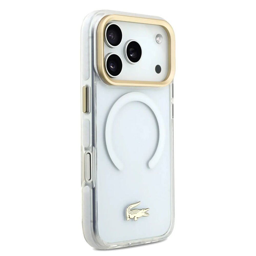 Lacoste Lacoste iPhone 17 Pro Back-Cover hul - MagSafe - Transparent Case With Frosted Finish - Gold Edge - Weiß Lacoste Lacoste iPhone 17 Pro Back-Cover hul - MagSafe - Transparent Case With Frosted Finish - Gold Edge - Weiß