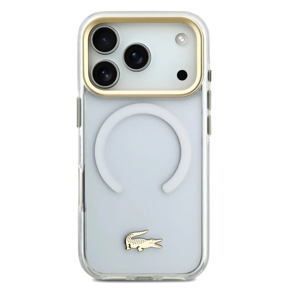 Lacoste Lacoste iPhone 17 Pro Back-Cover hul - MagSafe - Transparent Case With Frosted Finish - Gold Edge - Weiß Lacoste Lacoste iPhone 17 Pro Back-Cover hul - MagSafe - Transparent Case With Frosted Finish - Gold Edge - Weiß