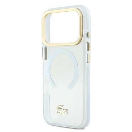 Lacoste Lacoste iPhone 17 Pro Back-Cover hul - MagSafe - Transparent Case With Frosted Finish - Gold Edge - Weiß Lacoste Lacoste iPhone 17 Pro Back-Cover hul - MagSafe - Transparent Case With Frosted Finish - Gold Edge - Weiß