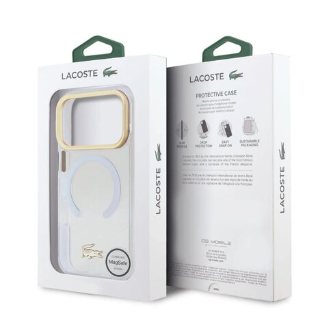 Lacoste Lacoste iPhone 17 Pro Back-Cover hul - MagSafe - Transparent Case With Frosted Finish - Gold Edge - Weiß Lacoste Lacoste iPhone 17 Pro Back-Cover hul - MagSafe - Transparent Case With Frosted Finish - Gold Edge - Weiß