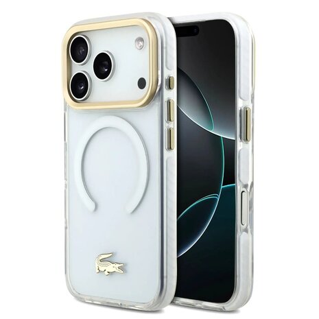Lacoste Lacoste iPhone 17 Pro Back-Cover hul - MagSafe - Transparent Case With Frosted Finish - Gold Edge - Weiß Lacoste Lacoste iPhone 17 Pro Back-Cover hul - MagSafe - Transparent Case With Frosted Finish - Gold Edge - Weiß