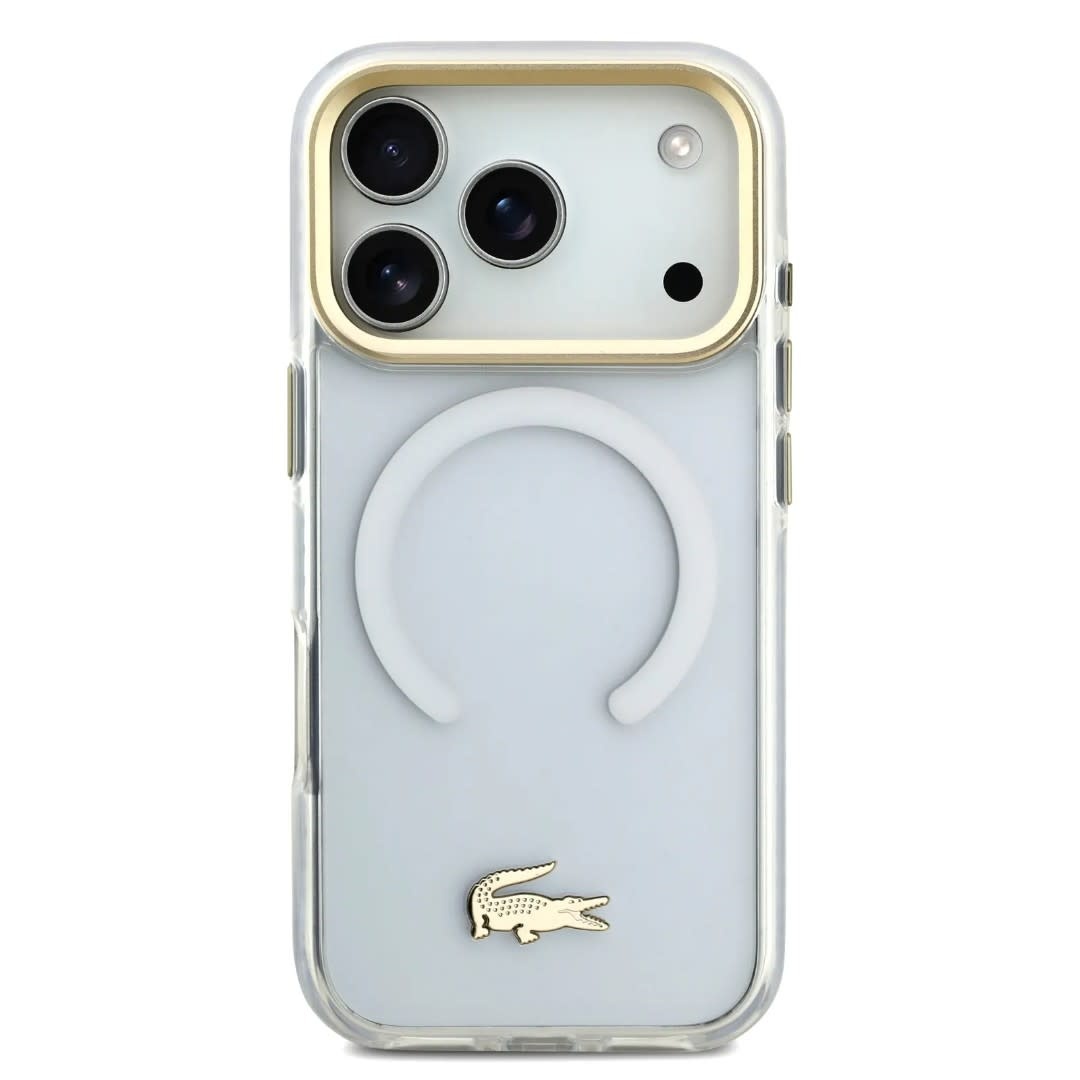 Lacoste Lacoste iPhone 17 Pro Max Backcover hoesje - MagSafe - Transparent Case With Frosted Finish - Gold Edge - Wit, foto 3 van 6