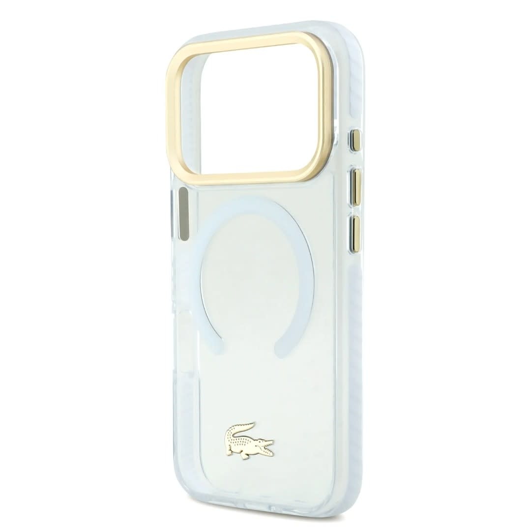 Lacoste Lacoste iPhone 17 Pro Max Backcover hoesje - MagSafe - Transparent Case With Frosted Finish - Gold Edge - Wit, foto 5 van 6