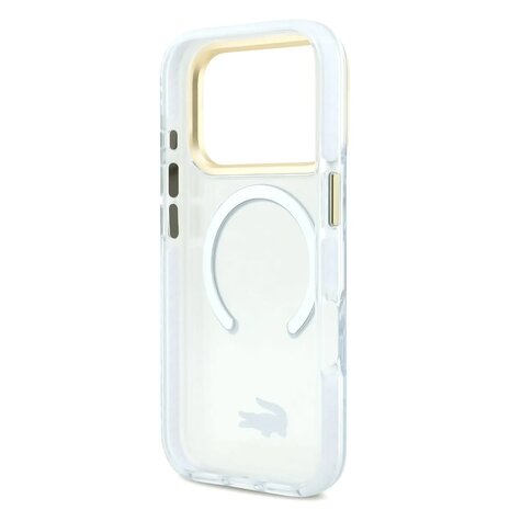 Lacoste Lacoste iPhone 17 Pro Max Backcover hoesje - MagSafe - Transparent Case With Frosted Finish - Gold Edge - Wit Lacoste Lacoste iPhone 17 Pro Max Backcover hoesje - MagSafe - Transparent Case With Frosted Finish - Gold Edge - Wit
