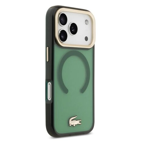 Lacoste Lacoste iPhone 17 Pro Back-Cover hul - MagSafe - Transparent Case With Frosted Finish - Gold Edge - Grün Lacoste Lacoste iPhone 17 Pro Back-Cover hul - MagSafe - Transparent Case With Frosted Finish - Gold Edge - Grün