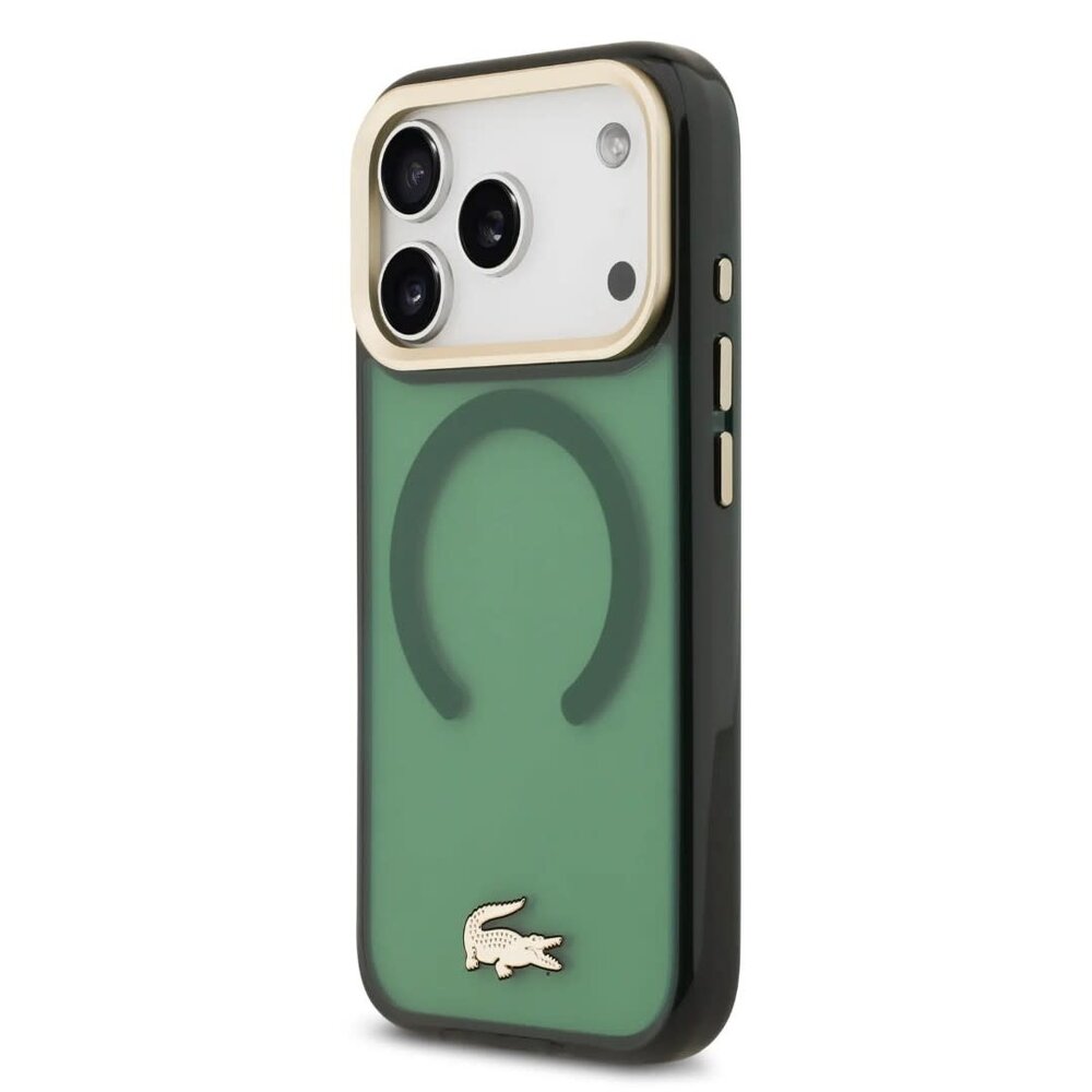 Lacoste Lacoste iPhone 17 Pro Backcover hoesje - MagSafe - Transparent Case With Frosted Finish - Gold Edge - Groen Lacoste Lacoste iPhone 17 Pro Backcover hoesje - MagSafe - Transparent Case With Frosted Finish - Gold Edge - Groen