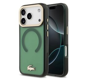 Lacoste Lacoste iPhone 17 Pro Backcover hoesje - MagSafe - Transparent Case With Frosted Finish - Gold Edge - Groen Lacoste Lacoste iPhone 17 Pro Backcover hoesje - MagSafe - Transparent Case With Frosted Finish - Gold Edge - Groen