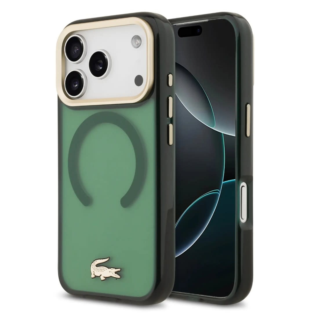 Lacoste Lacoste iPhone 17 Pro Backcover hoesje - MagSafe - Transparent Case With Frosted Finish - Gold Edge - Groen