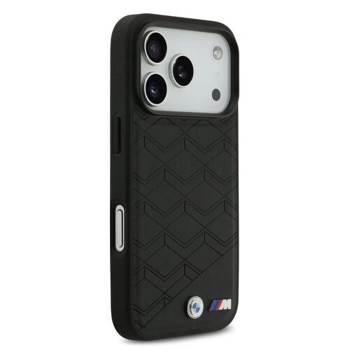 BMW BMW iPhone 17 Pro/iPhone 18 Pro Coque arrière MagSafe Cuir à motif inspiré d'un siège logos métalliques - Noir