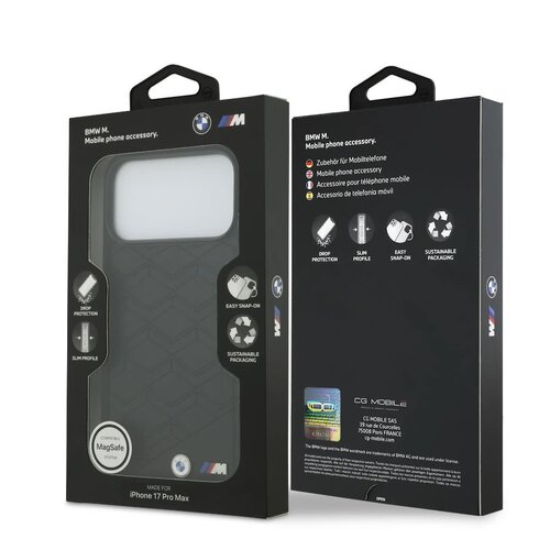 BMW BMW iPhone 17 Pro Max/iPhone 18 Pro Max Coque arrière MagSafe Cuir à motif inspiré d'un siège logos métalliques - Noir