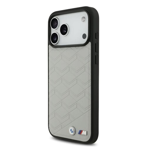BMW BMW iPhone 17 Pro Max/iPhone 18 Pro Max Coque arrière MagSafe Cuir à motif inspiré d'un siège logos métalliques - Gris
